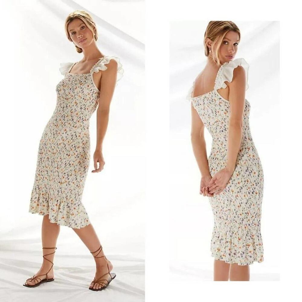 Anthropologie Smocked Floral Midi Dress Large White NWT - Picture 6 of 7